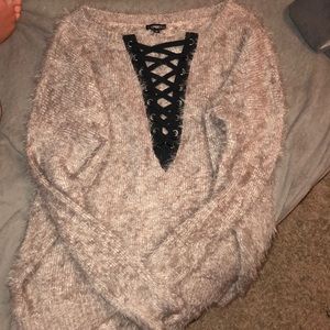 #express mauve fuzzy lace up sweater